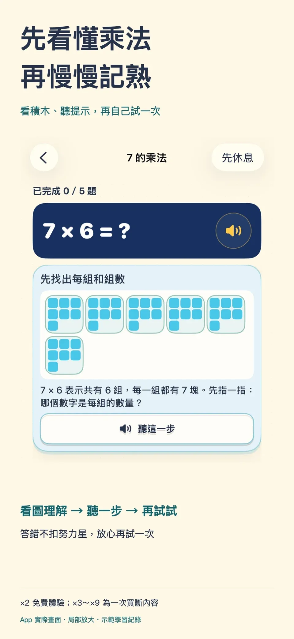 App Store 展示畫面：7×6 分成 6 組、每組 7 塊積木，可點選聽這一步提示