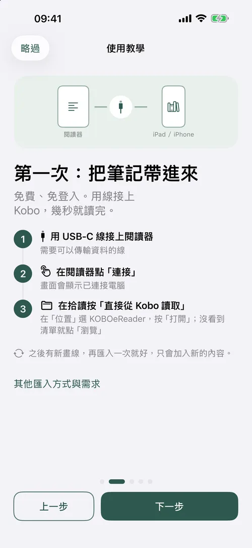 Guida via cavo di LeafTrove 1.3: collega Kobo con un cavo dati e leggi le note.