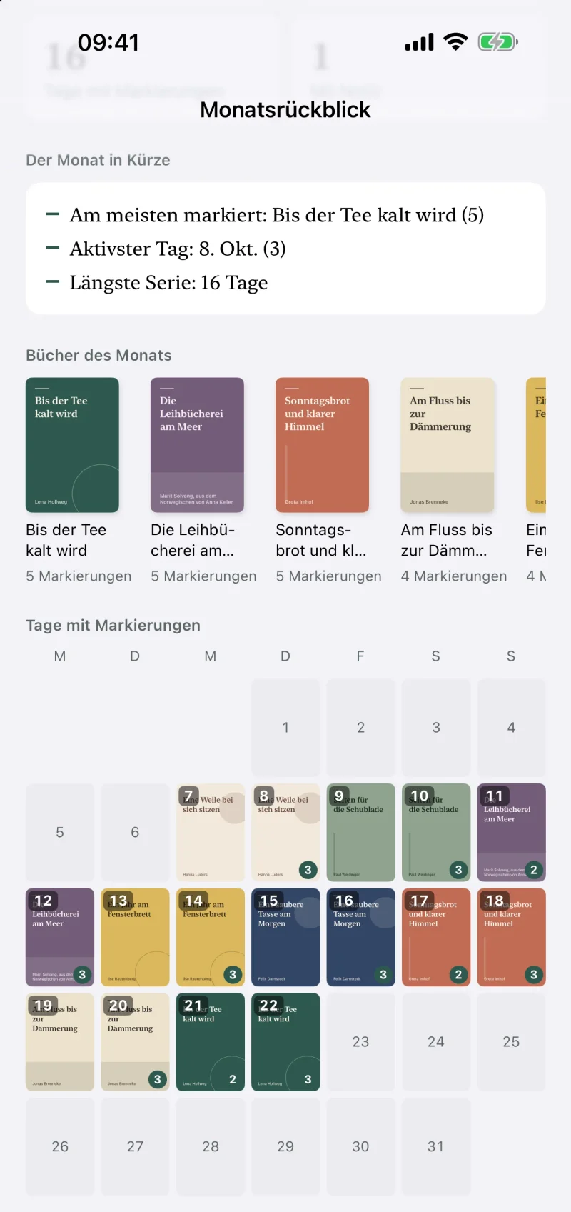 Monatsrückblick in LeafTrove 1.5 mit dem integrierten Beispiel: Der Monat in Kürze nennt das meistmarkierte Buch, den aktivsten Tag und die längste Serie; darunter die Bücher des Monats mit Cover und Anzahl sowie der Kalender der Tage mit Markierungen mit dem Cover des jeweiligen Buchs.