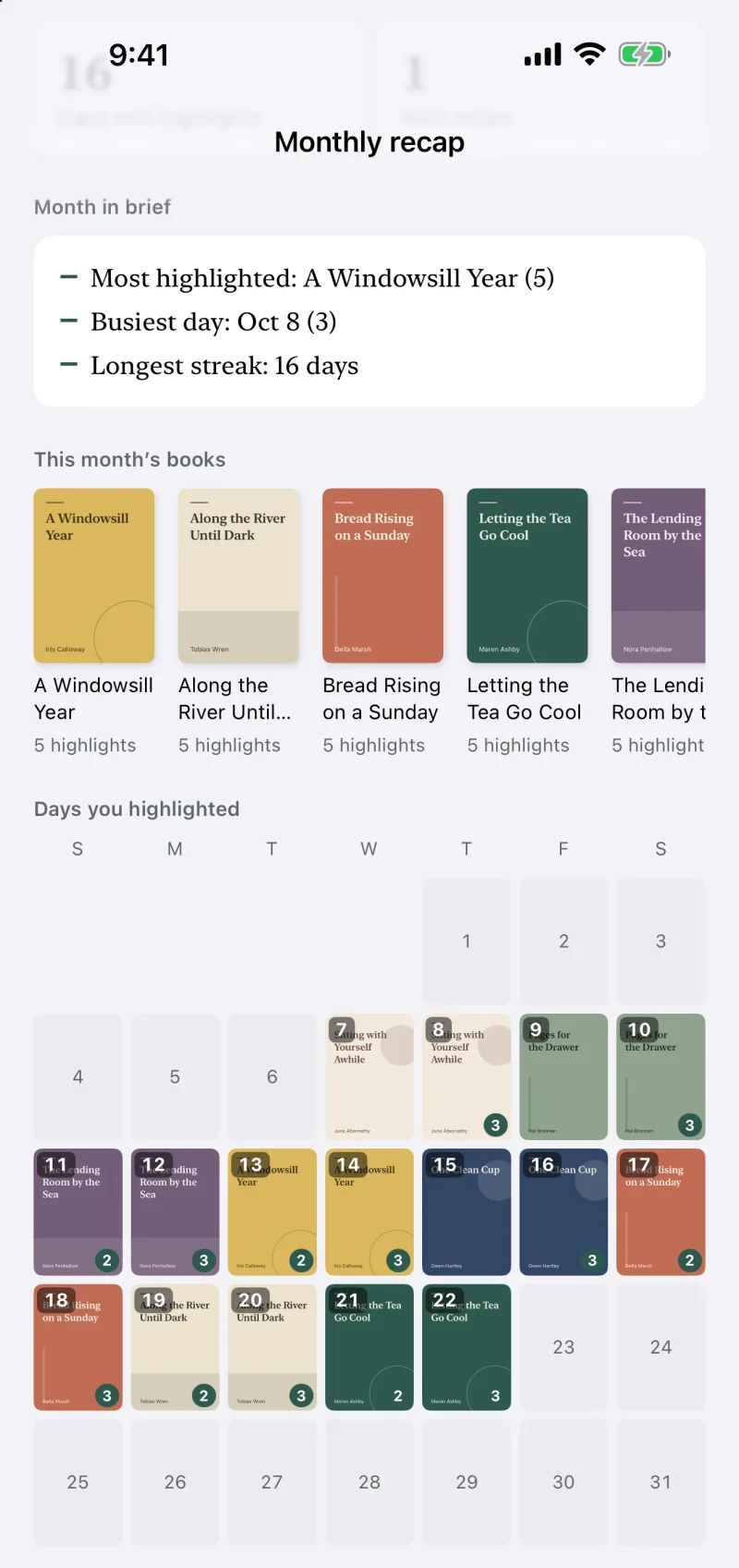 LeafTrove 1.5 Monthly recap with the built-in sample: the Month in brief lists the most highlighted book, the busiest day and the longest streak; below are This month’s books with covers and highlight counts, and the Days you highlighted calendar with each day’s book cover.