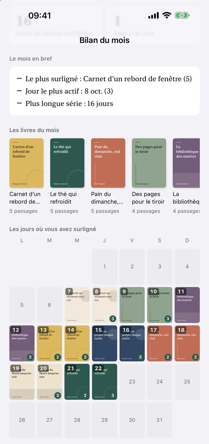 Bilan du mois de LeafTrove 1.5 avec l’exemple intégré : le mois en bref indique le livre le plus surligné, le jour le plus actif et la plus longue série ; dessous, les livres du mois avec couvertures et nombre de passages, et le calendrier des jours surlignés avec la couverture du livre de chaque jour.