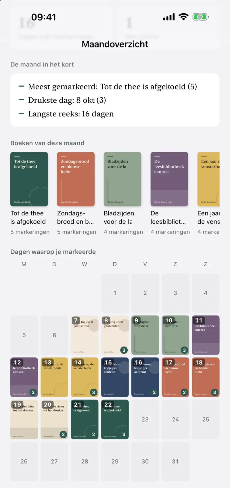 Maandoverzicht in LeafTrove 1.5 met het ingebouwde voorbeeld: de maand in het kort noemt het meest gemarkeerde boek, de drukste dag en de langste reeks; daaronder de boeken van deze maand met omslag en aantal, en de kalender met de dagen waarop je markeerde, met de omslag van het boek van die dag.