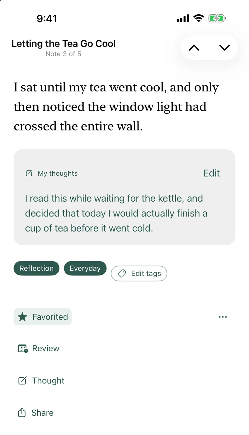 LeafTrove 1.4 note screen with the built-in sample: a highlight, “My thoughts”, tags, Previous/Next arrows for the same book, and the actions Favorite, Review, Thought and Share.